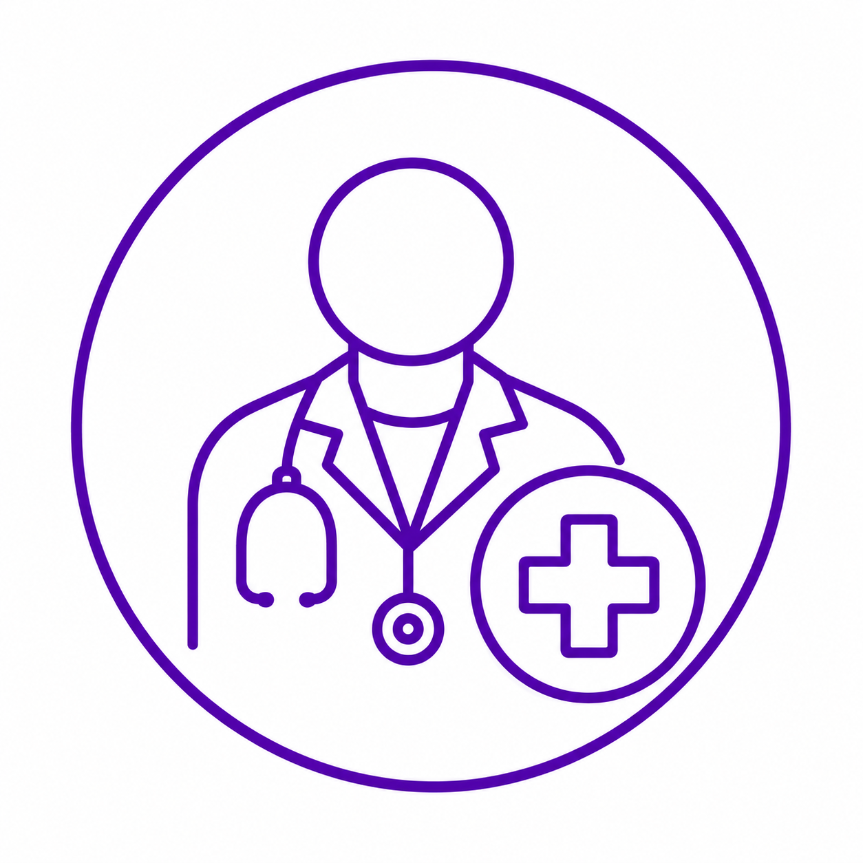 Purple icon of a doctor with a stethoscope and a cross symbol on a white background