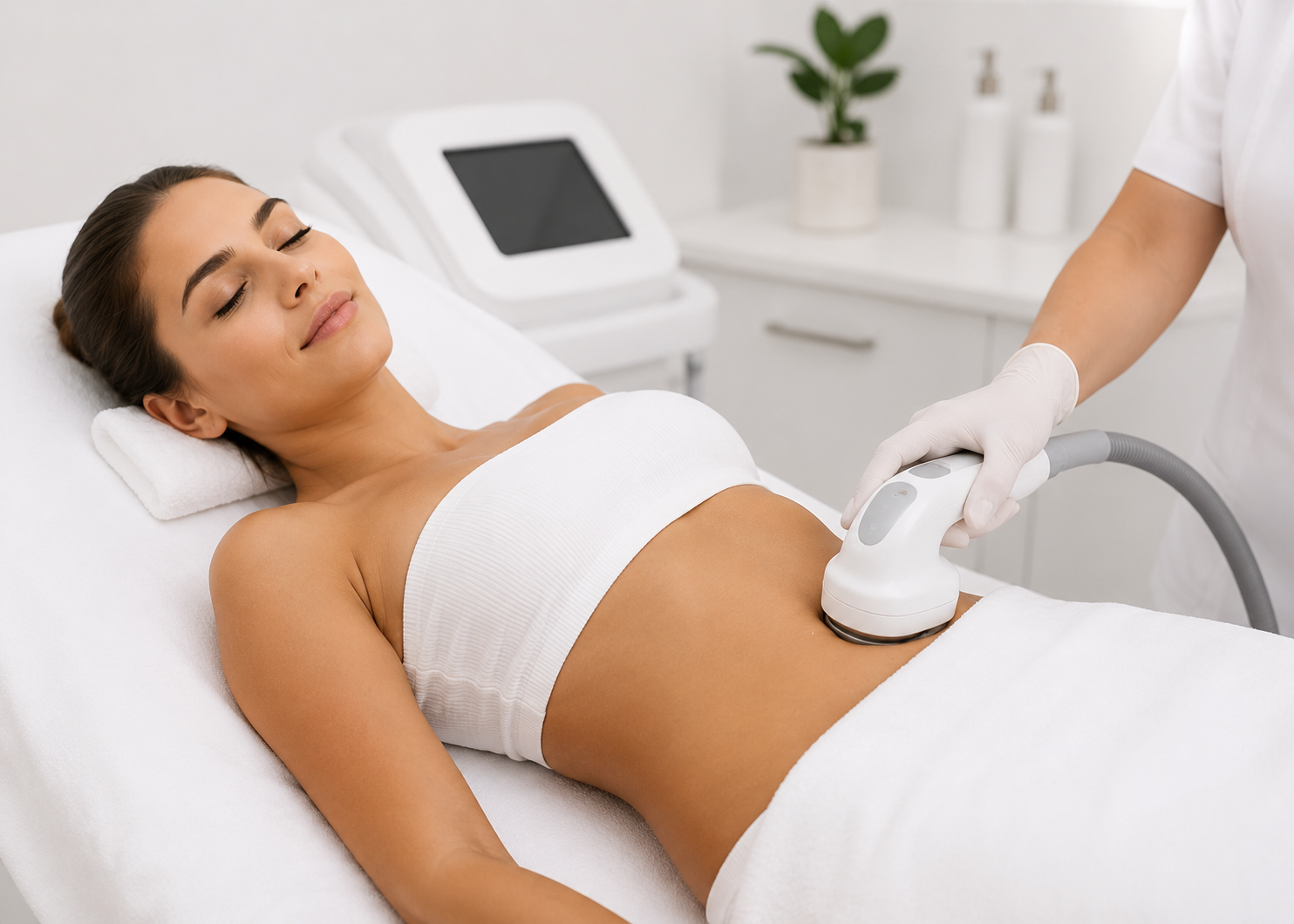 Woman receiving a cosmetic treatment on her abdomen in a clinical setting.
