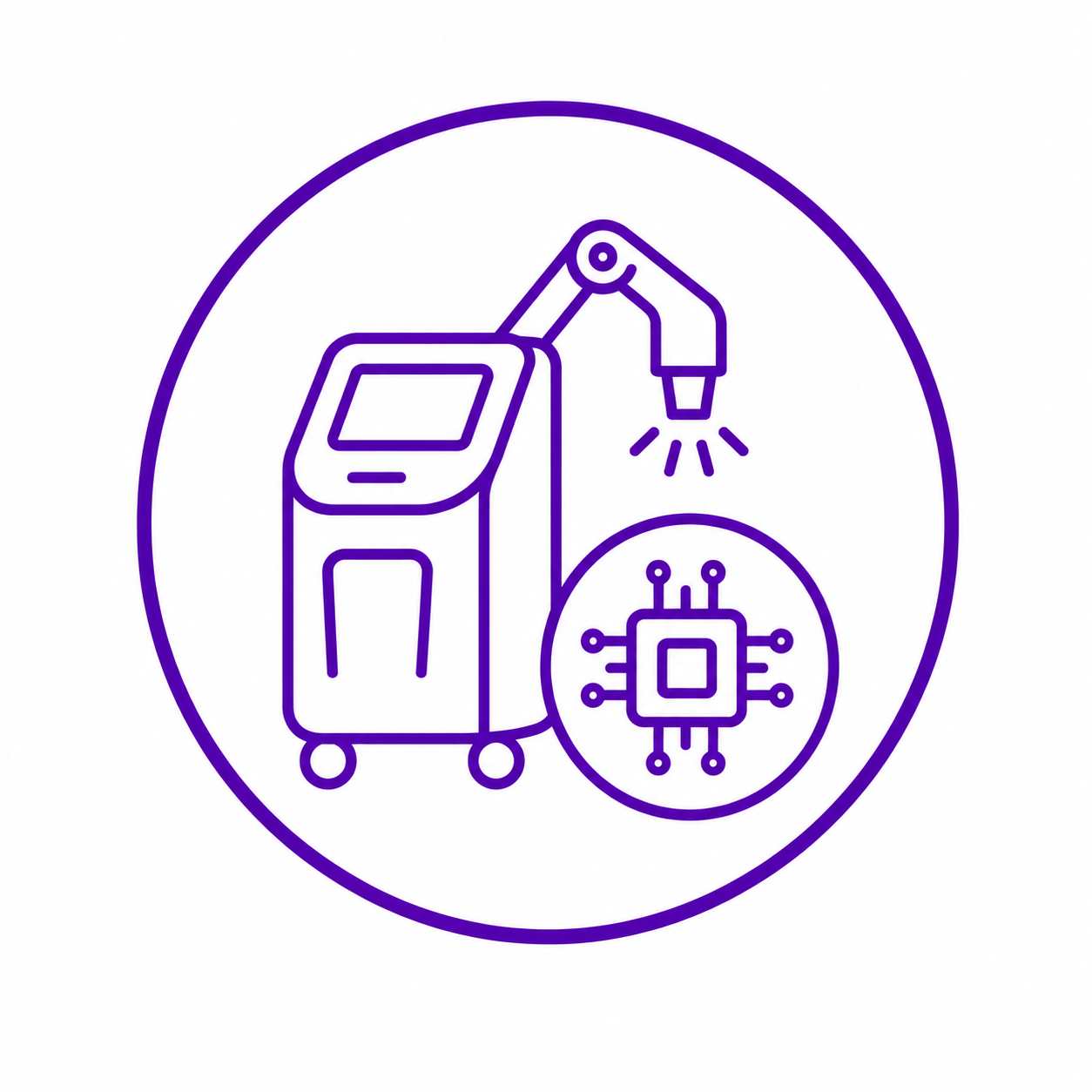 Icon of a machine with a robotic arm and a circuit board inside a circle