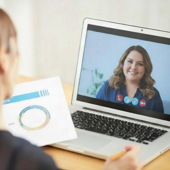 Person on a video call with a colleague using a laptop, with a focus on communication and technology.