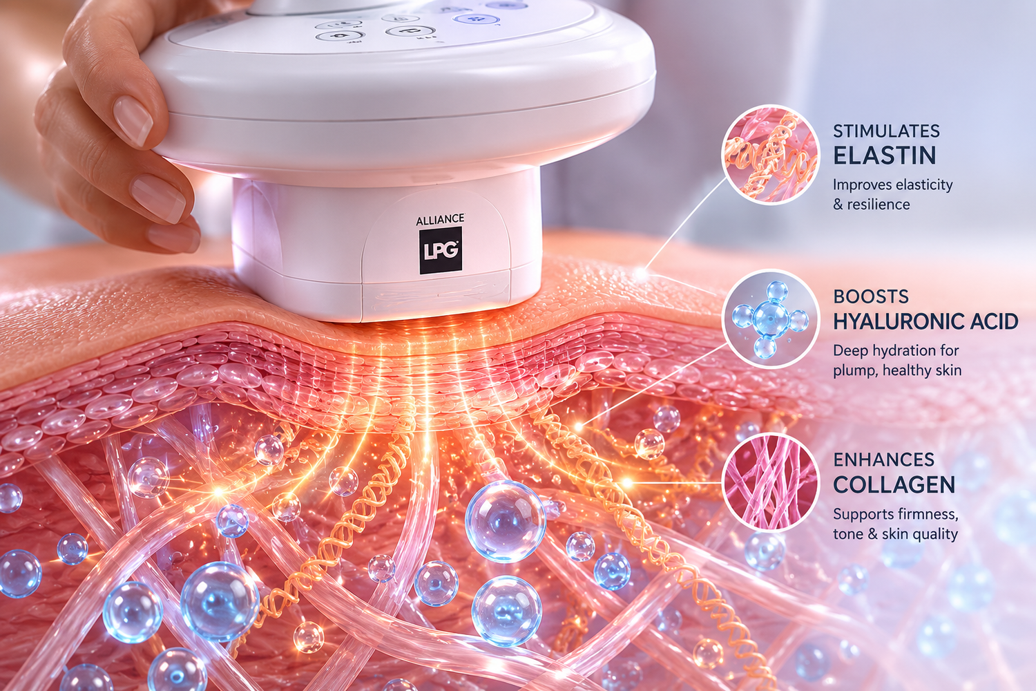 Product being held over skin with text on benefits like stimulating elastin, boosting hyaluronic acid, and enhancing collagen.