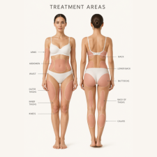 Image of lady fornt and back with labels on body parts that can be treated