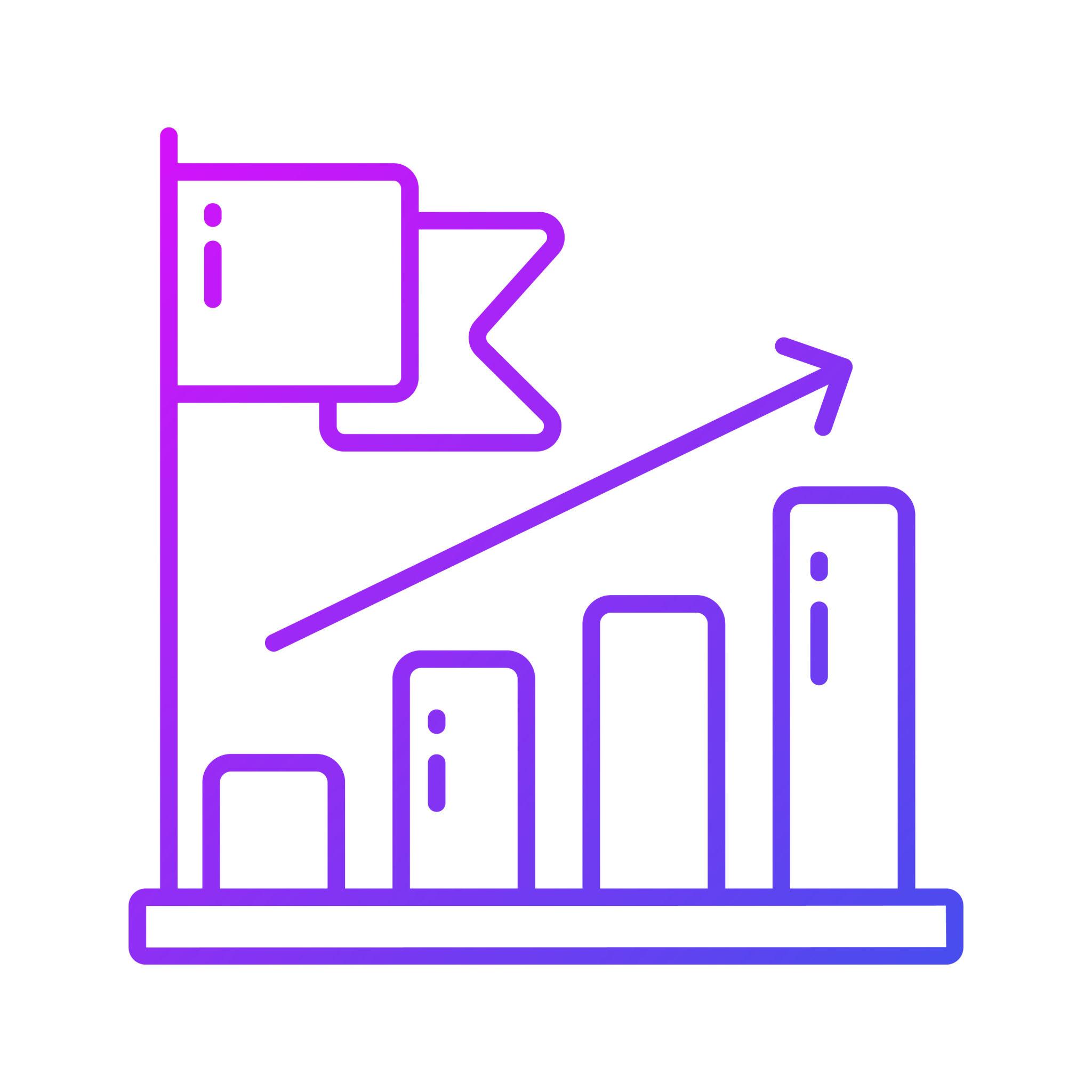 Purple icon of a bar chart with an upward arrow on a white background