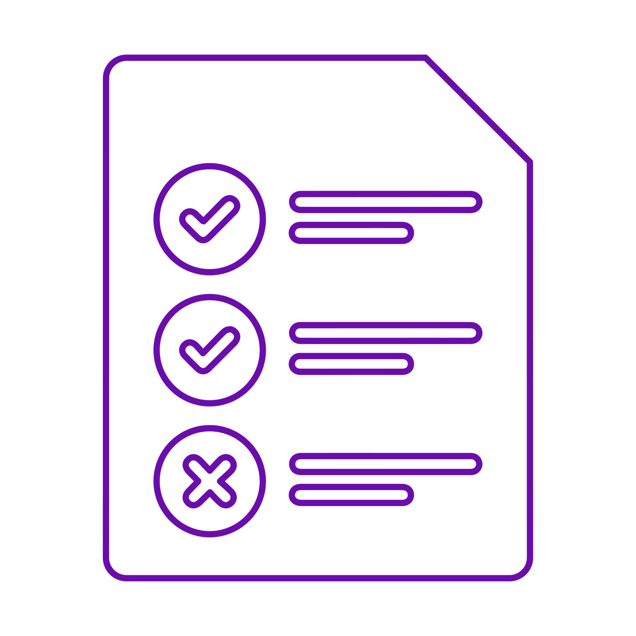 Purple icon of a document with checkboxes and crosses on a white background